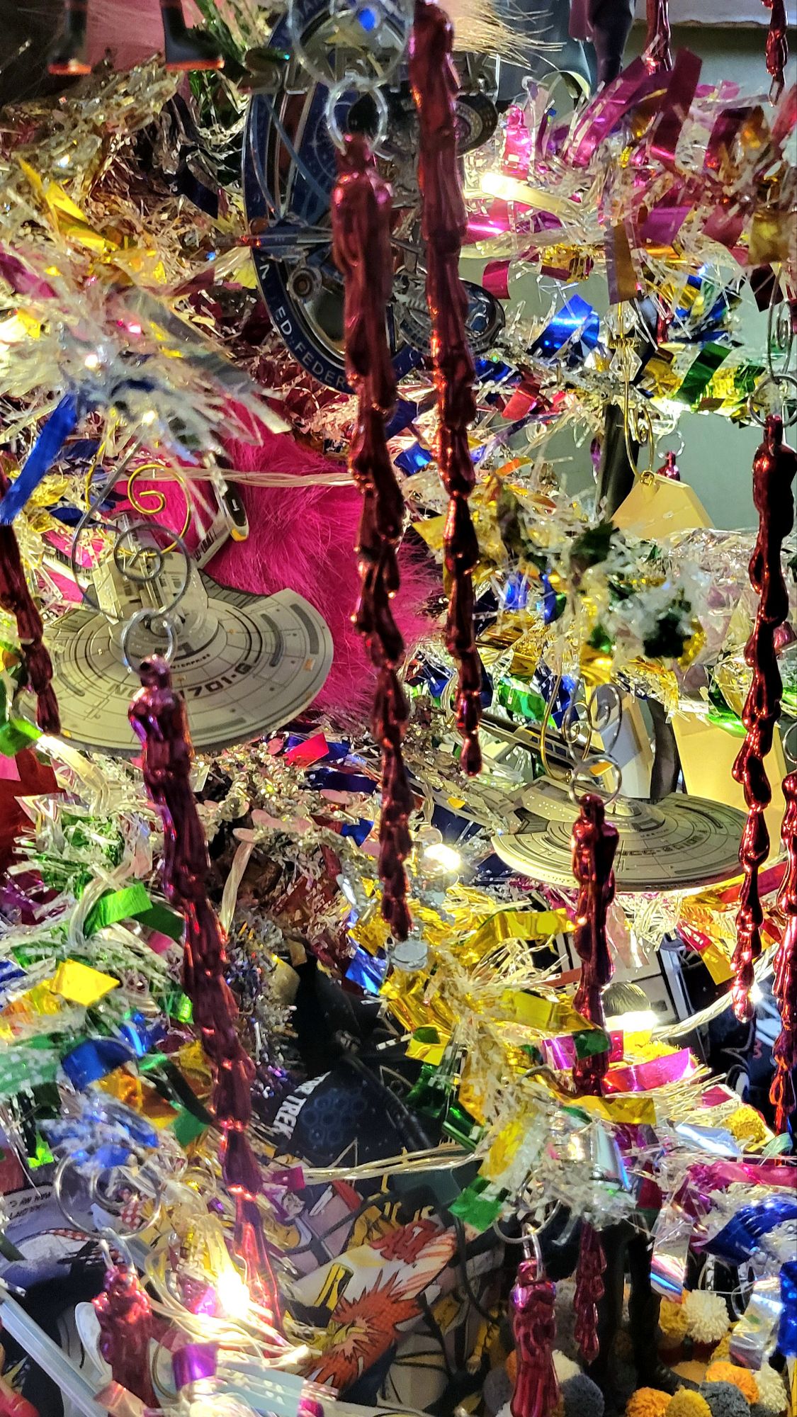 close-up of the new USS Titan ornament and the comic con exclusive repaint of the Enterprise G.